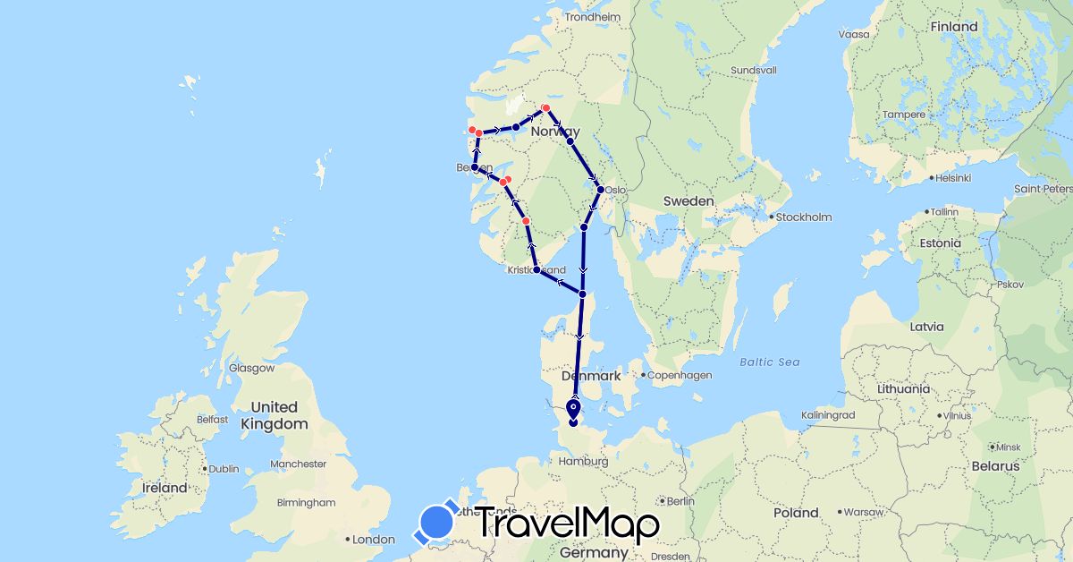 TravelMap itinerary: driving, hiking in Germany, Denmark, Norway (Europe)